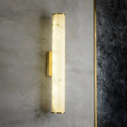 Art Deco Wall Light | Slim Cylindrical Natural Stone Sconce with Brass Finish