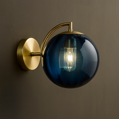 Art Deco Wall Light | Fluted Glass Globe Sconce with Curved Brass Arm