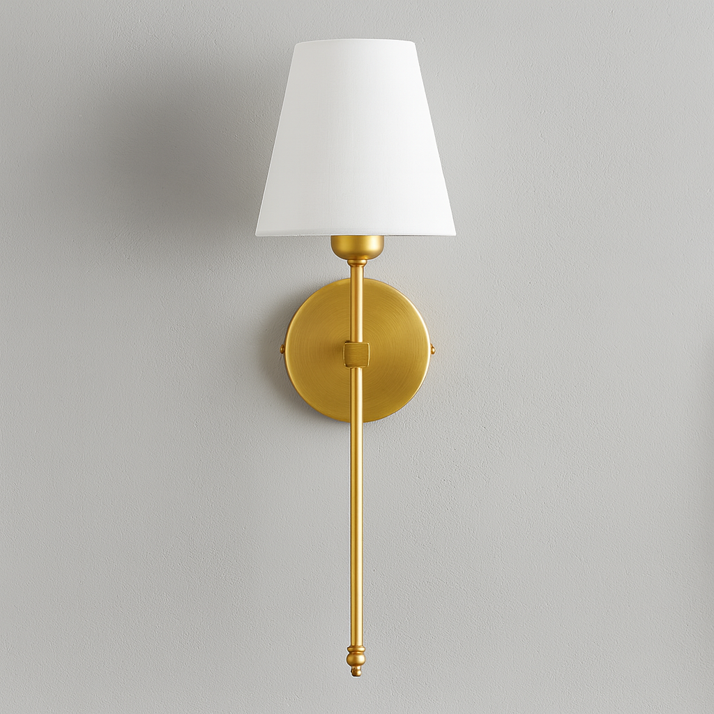 Stick-On Rechargeable Wall Light | Slim Brass Sconce with White Cone Shade