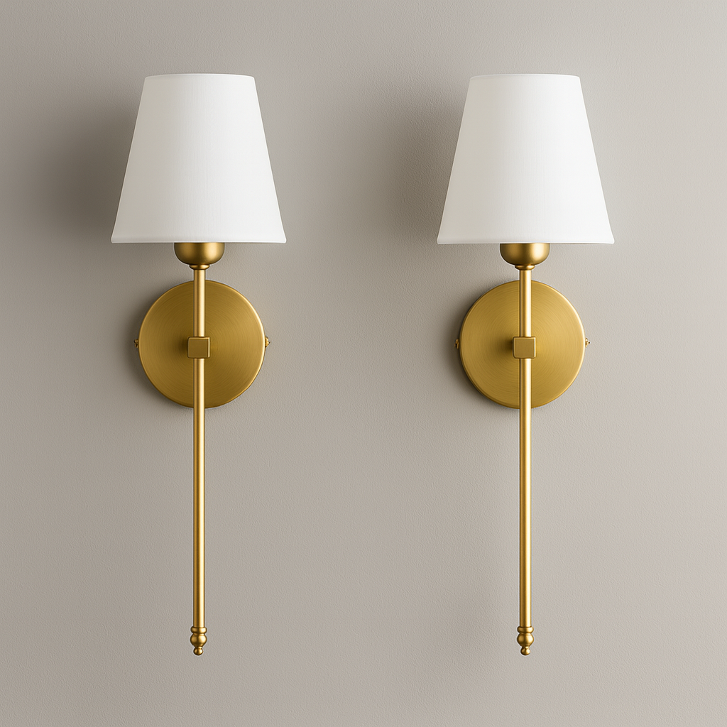 Stick-On Rechargeable Wall Light | Slim Brass Sconce with White Cone Shade
