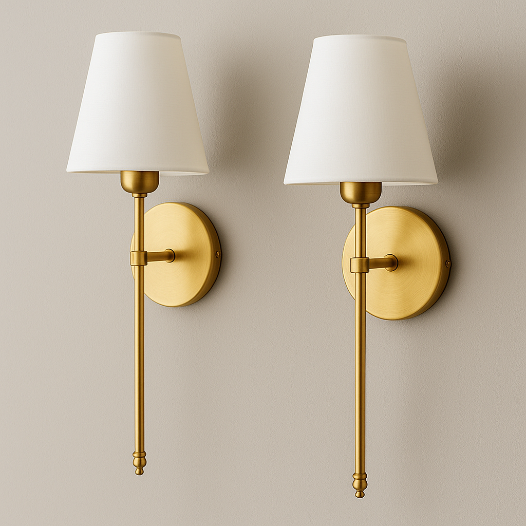 Stick-On Rechargeable Wall Light | Slim Brass Sconce with White Cone Shade