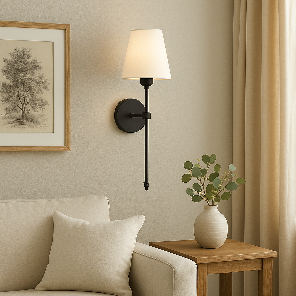 Stick-On Rechargeable Wall Light | Slim Brass Sconce with White Cone Shade