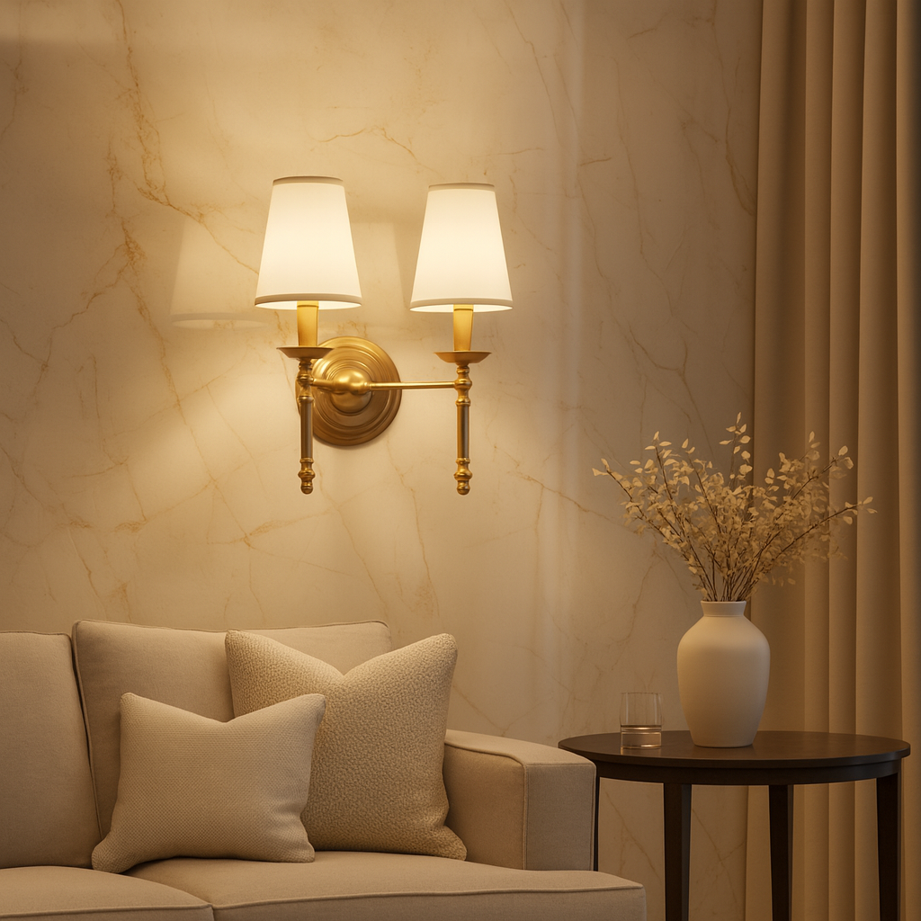 Antique Brass Wall Light | Polished Copper Body with White Fabric Shade