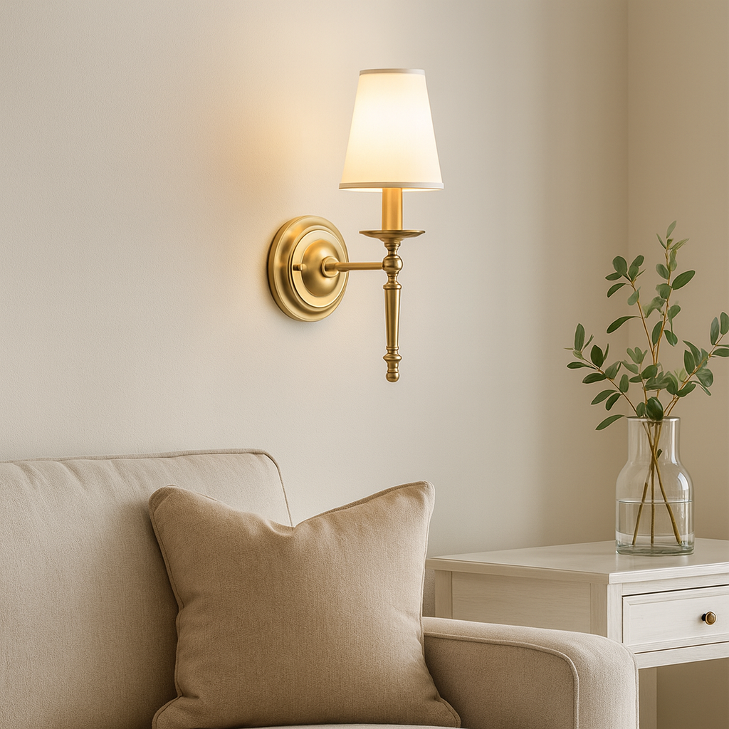 Antique Brass Wall Light | Polished Copper Body with White Fabric Shade