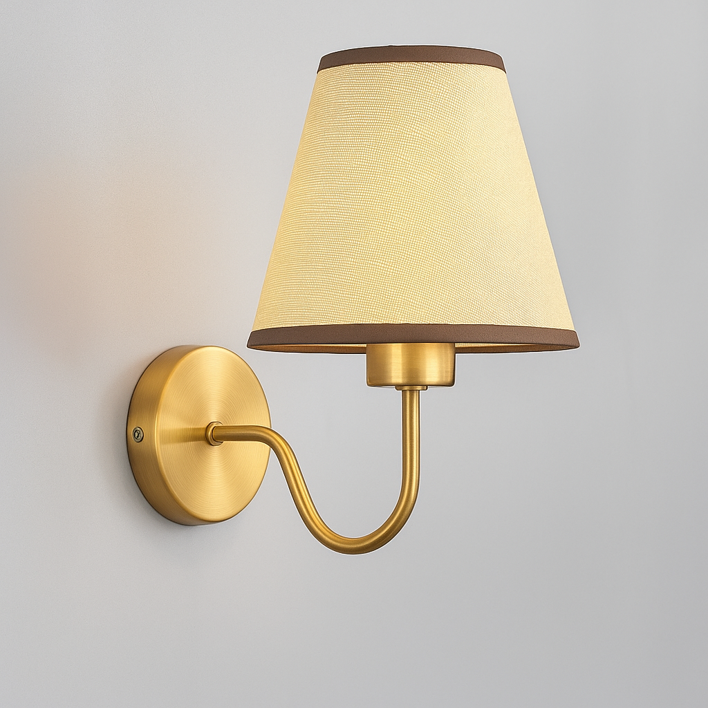 Brass Wall Light | Conical Fabric Shade Sconce with Curved Brass Arm