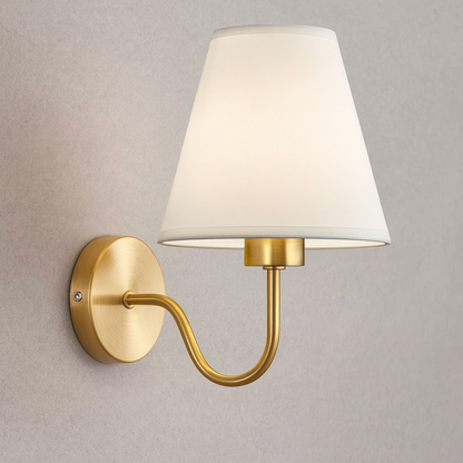 Brass Wall Light | Conical Fabric Shade Sconce with Curved Brass Arm