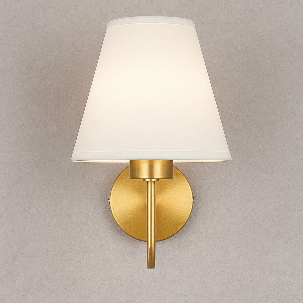 Brass Wall Light | Conical Fabric Shade Sconce with Curved Brass Arm