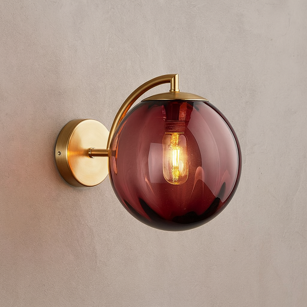 Art Deco Wall Light | Fluted Glass Globe Sconce with Curved Brass Arm