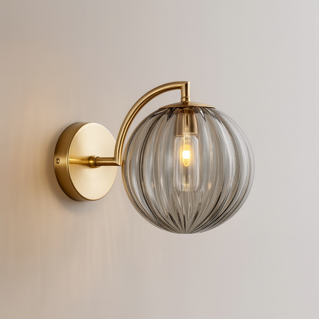 Art Deco Wall Light | Fluted Glass Globe Sconce with Curved Brass Arm