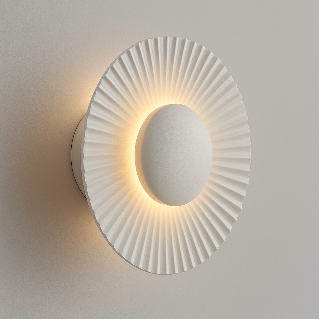 Art Deco LED Wall Light | Ribbed Aluminum Disc Sconce in White or Gold Finish