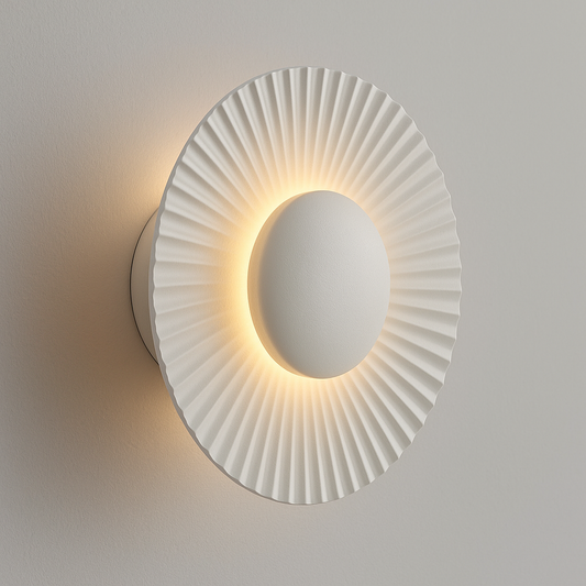 Art Deco LED Wall Light | Ribbed Aluminum Disc Sconce in White or Gold Finish