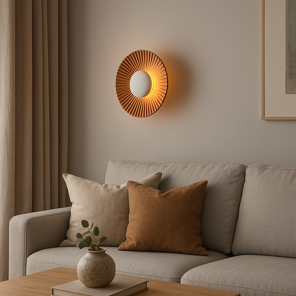 Art Deco LED Wall Light | Ribbed Aluminum Disc Sconce in White or Gold Finish