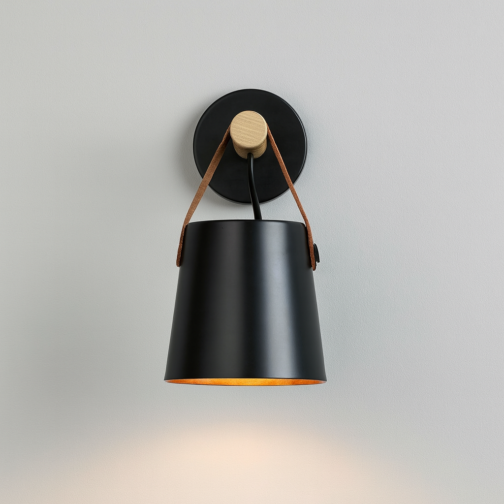 Modern Wall Light | Nordic Wooden Sconce with Leather Strap & Metal Shade