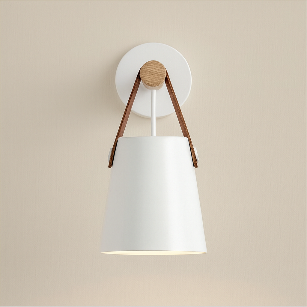 Modern Wall Light | Nordic Wooden Sconce with Leather Strap & Metal Shade