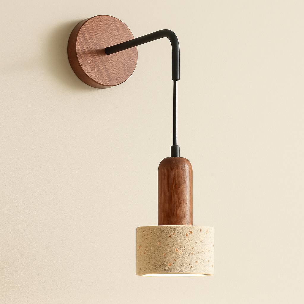 Contemporary Wall Light | Wabi-Sabi Natural Stone and Walnut Wood LED Sconce
