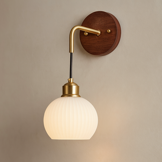 Art Deco Wall Light | Walnut Wood and Frosted Glass Globe Sconce with Brass Arm
