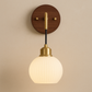 Art Deco Wall Light | Walnut Wood and Frosted Glass Globe Sconce with Brass Arm