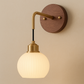 Art Deco Wall Light | Walnut Wood and Frosted Glass Globe Sconce with Brass Arm