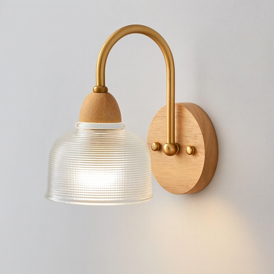 Modern Wall Light | Curved Arm Sconce with Ribbed Glass Shade and Wood Backplate