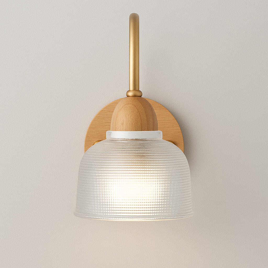 Modern Wall Light | Curved Arm Sconce with Ribbed Glass Shade and Wood Backplate