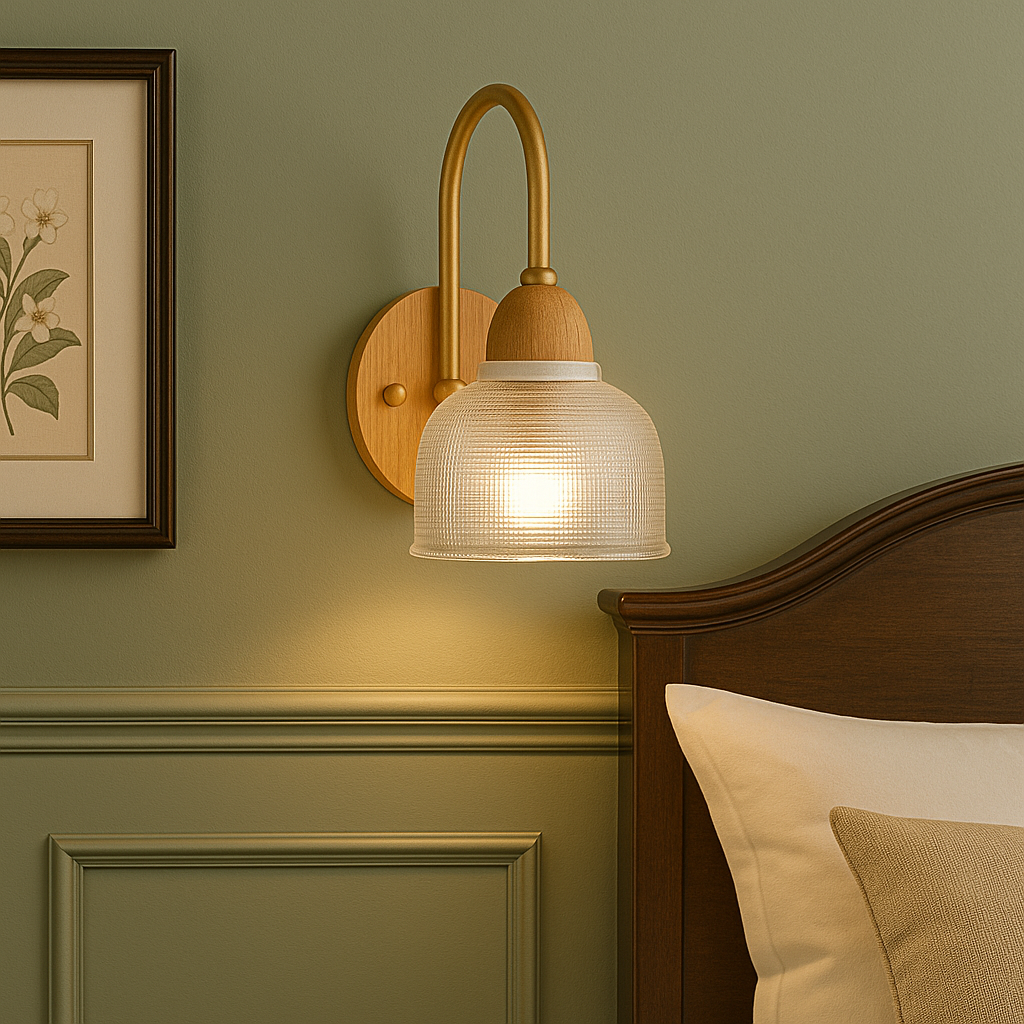Modern Wall Light | Curved Arm Sconce with Ribbed Glass Shade and Wood Backplate