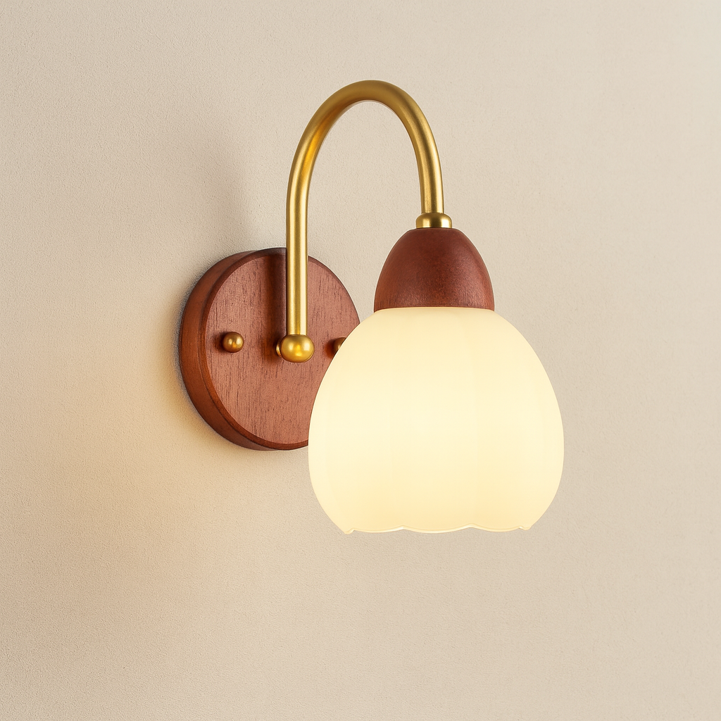 Vintage Wall Light | Wooden Base with Frosted Glass Shade and Ivory Metal Frame for Bedroom and Living Room