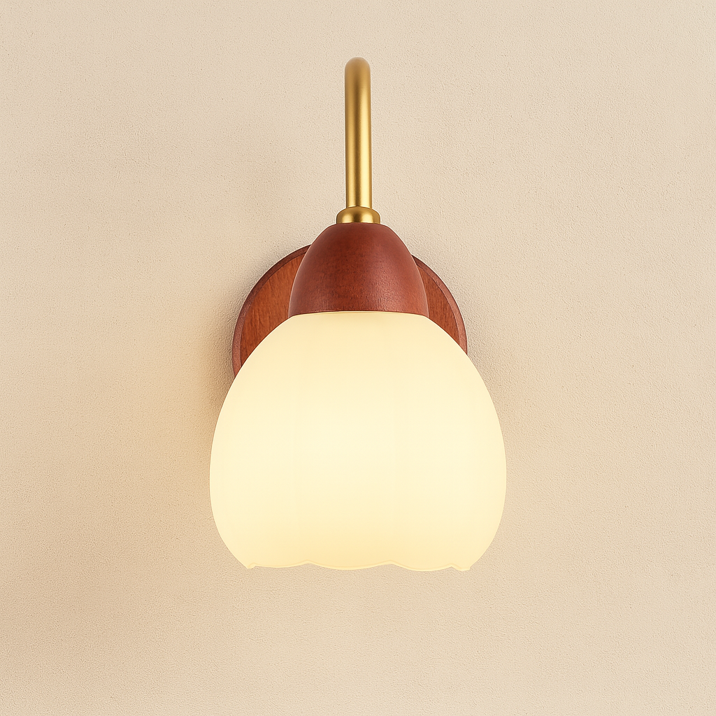 Vintage Wall Light | Wooden Base with Frosted Glass Shade and Ivory Metal Frame for Bedroom and Living Room