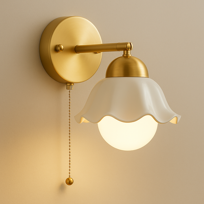 Contemporary Wall Light | Brass Base with Ceramic Shade and Pull Chain Switch