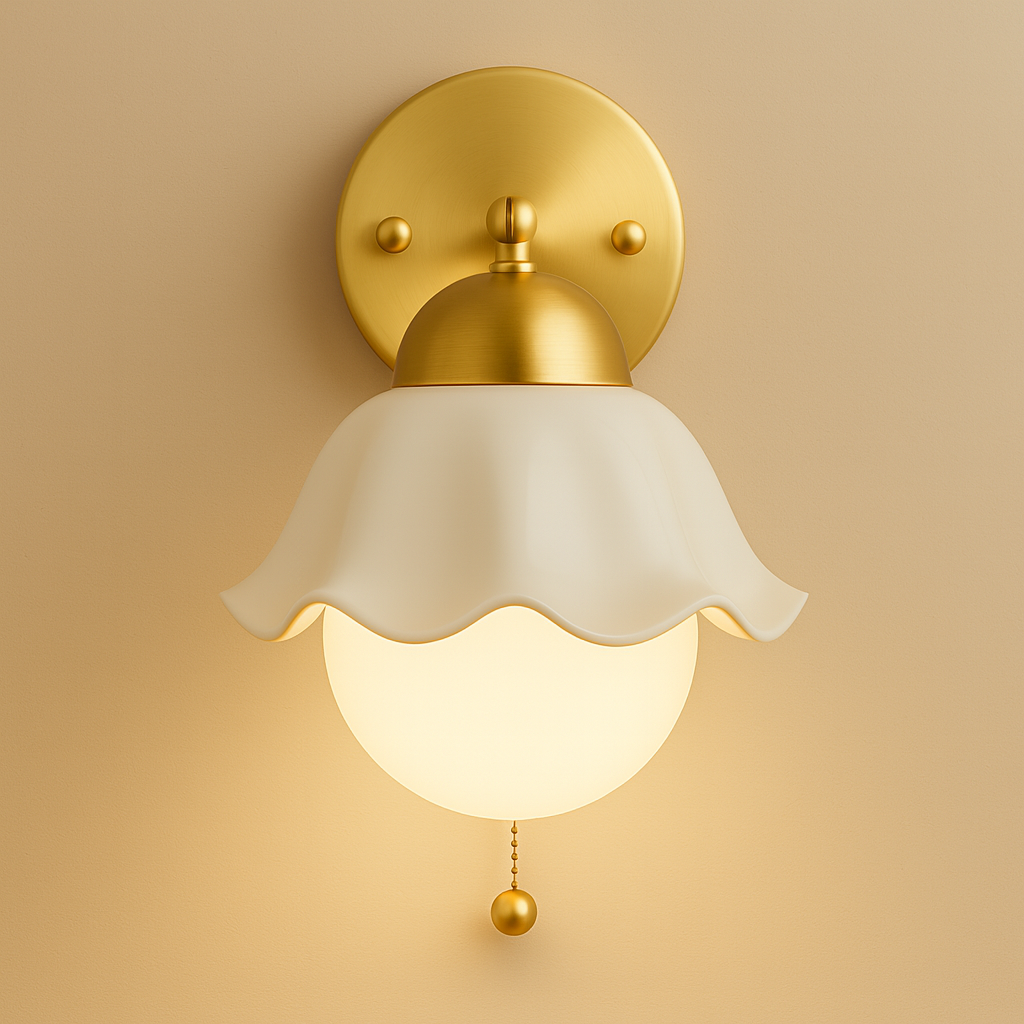 Contemporary Wall Light | Brass Base with Ceramic Shade and Pull Chain Switch
