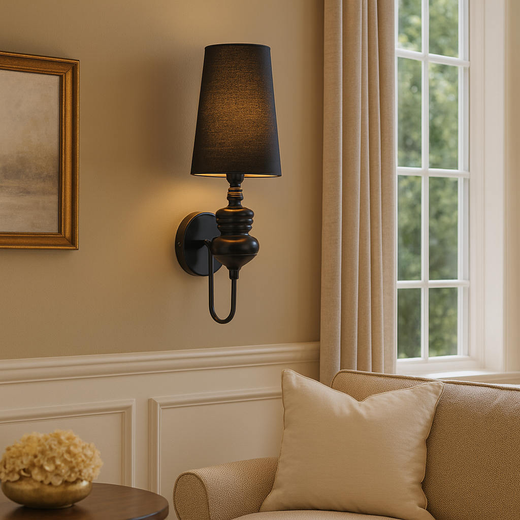 Art Deco Wall Light | Tall Tapered Shade Sconce with Ribbed Stem and Round Backplate