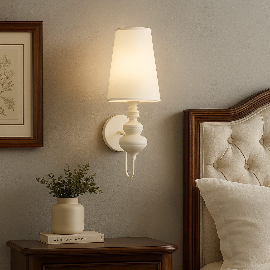 Art Deco Wall Light | Tall Tapered Shade Sconce with Ribbed Stem and Round Backplate