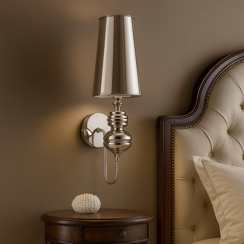 Art Deco Wall Light | Tall Tapered Shade Sconce with Ribbed Stem and Round Backplate
