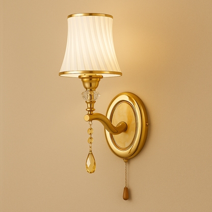 Art Deco Wall Light | Classic Wall Lamp with White Pleated Fabric Shade and Crystal Pendant