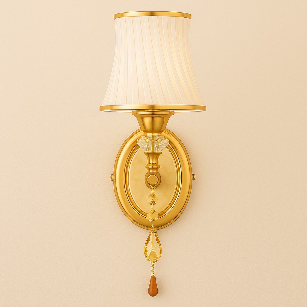 Art Deco Wall Light | Classic Wall Lamp with White Pleated Fabric Shade and Crystal Pendant