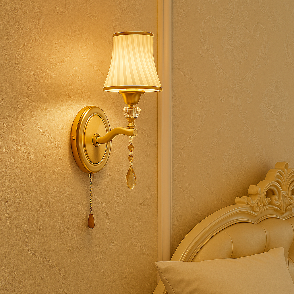Art Deco Wall Light | Classic Wall Lamp with White Pleated Fabric Shade and Crystal Pendant