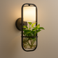 Contemporary Wall Light | Black Metal Frame with Fabric Shade and Integrated Glass Plant Holder