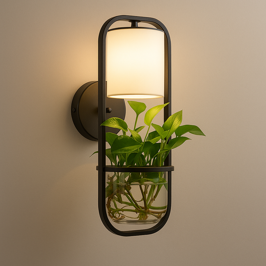 Contemporary Wall Light | Black Metal Frame with Fabric Shade and Integrated Glass Plant Holder