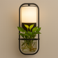 Contemporary Wall Light | Black Metal Frame with Fabric Shade and Integrated Glass Plant Holder