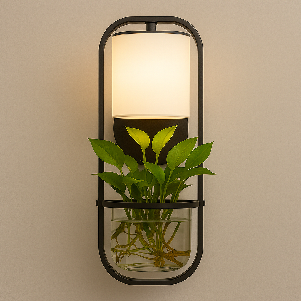 Contemporary Wall Light | Black Metal Frame with Fabric Shade and Integrated Glass Plant Holder
