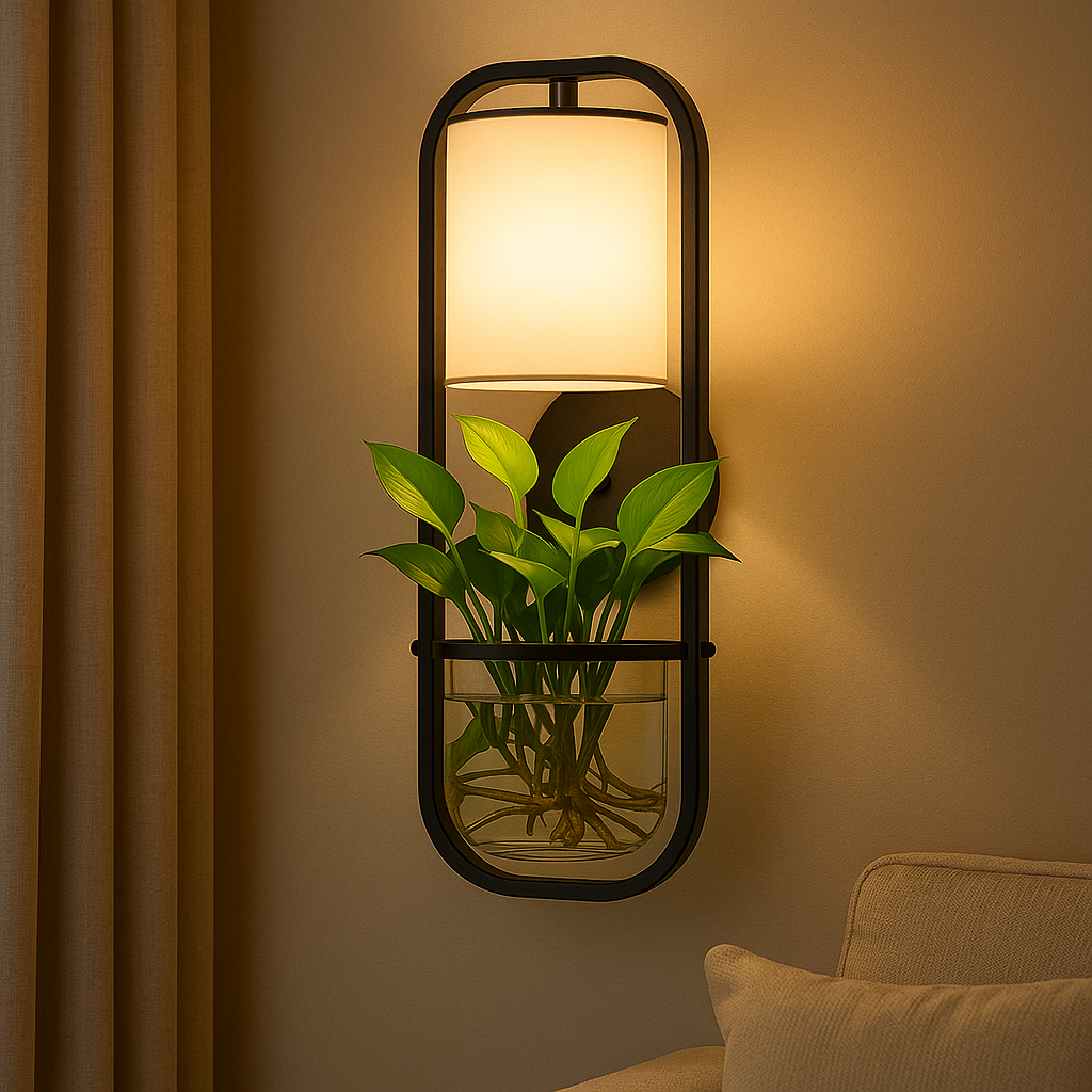 Contemporary Wall Light | Black Metal Frame with Fabric Shade and Integrated Glass Plant Holder