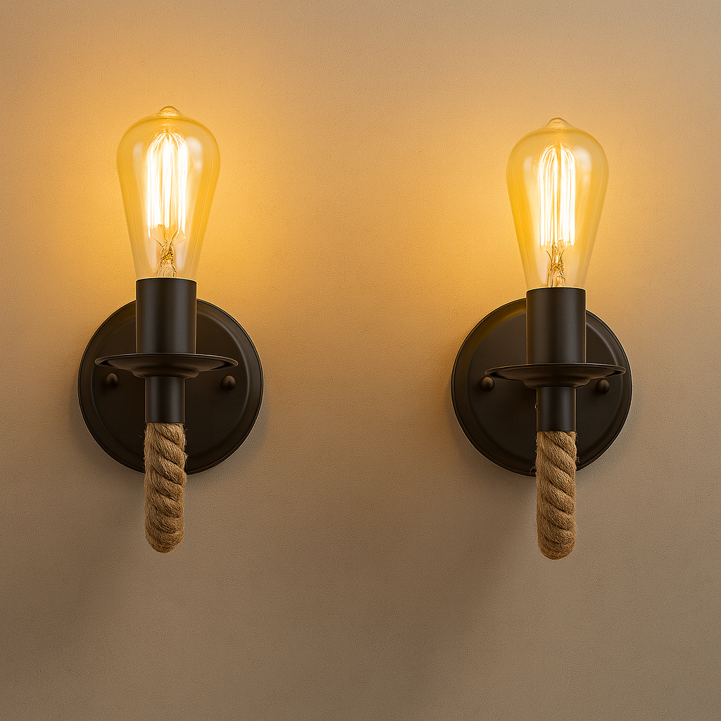 Industrial Wall Light | Metal Sconce with Hemp Rope Accent for Loft and Hallway Decor