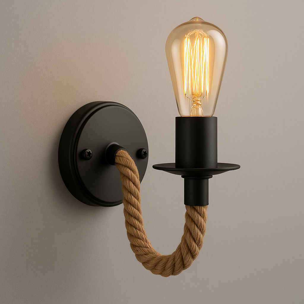 Industrial Wall Light | Metal Sconce with Hemp Rope Accent for Loft and Hallway Decor