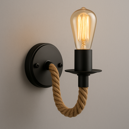 Industrial Wall Light | Metal Sconce with Hemp Rope Accent for Loft and Hallway Decor