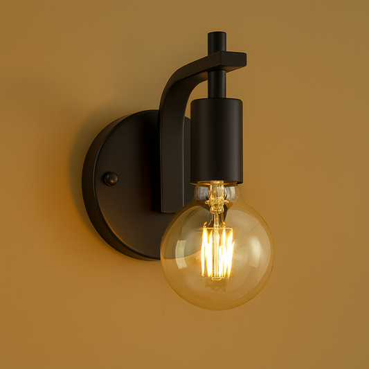 Industrial Wall Light | Black Iron Round Backplate with Curved Arm Open Bulb Design