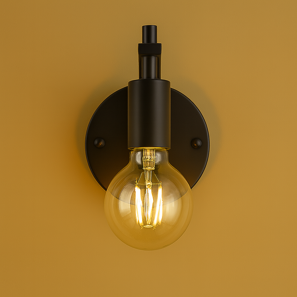 Industrial Wall Light | Black Iron Round Backplate with Curved Arm Open Bulb Design