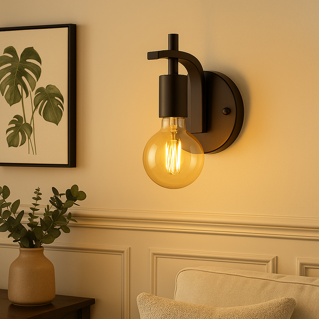 Industrial Wall Light | Black Iron Round Backplate with Curved Arm Open Bulb Design
