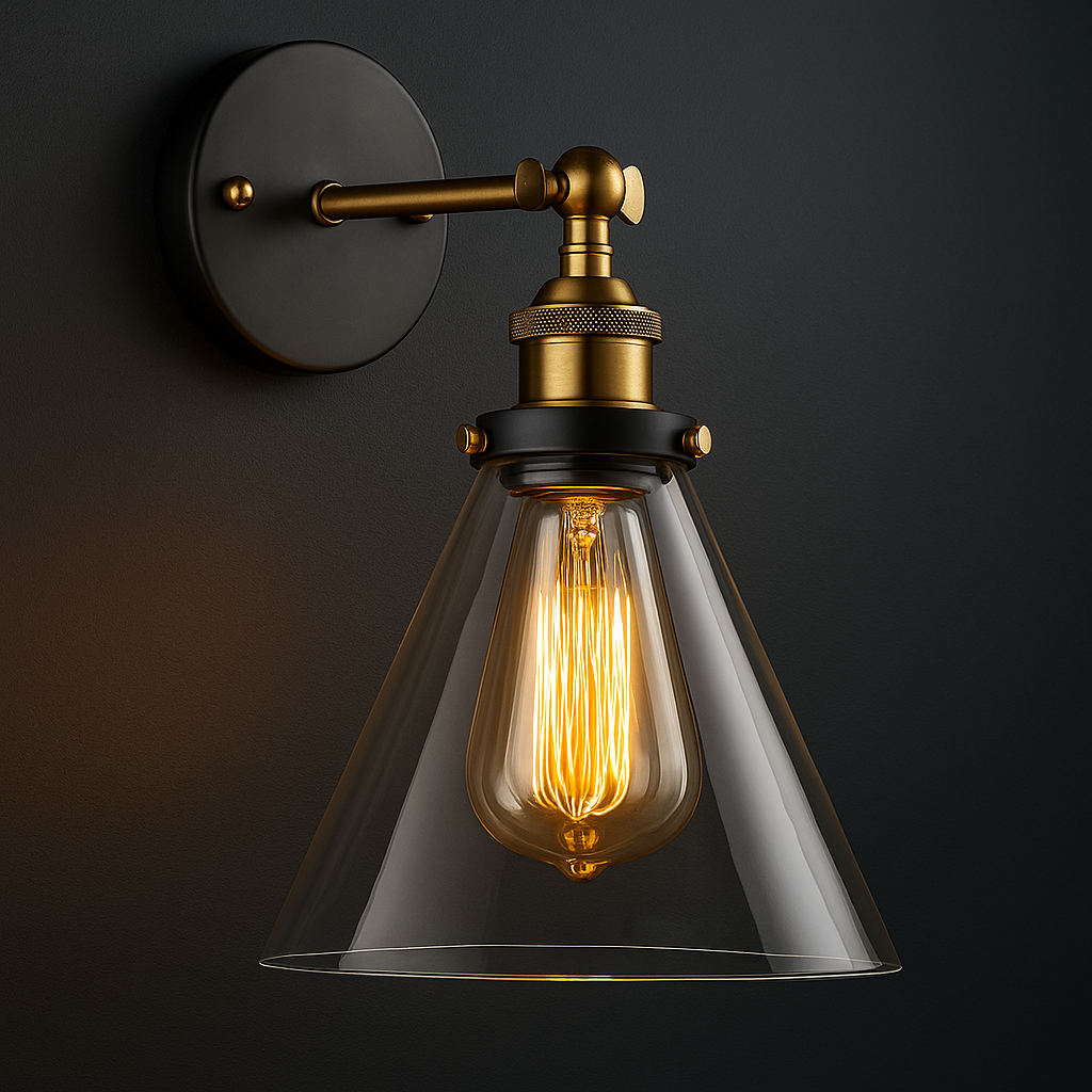 Antique Brass Wall Light | Industrial Stone Base Sconce with Clear Glass Shade