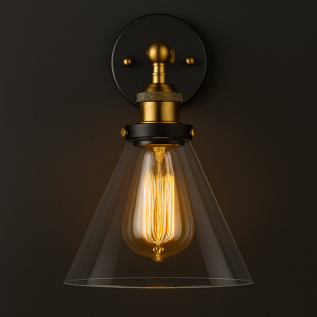 Antique Brass Wall Light | Industrial Stone Base Sconce with Clear Glass Shade