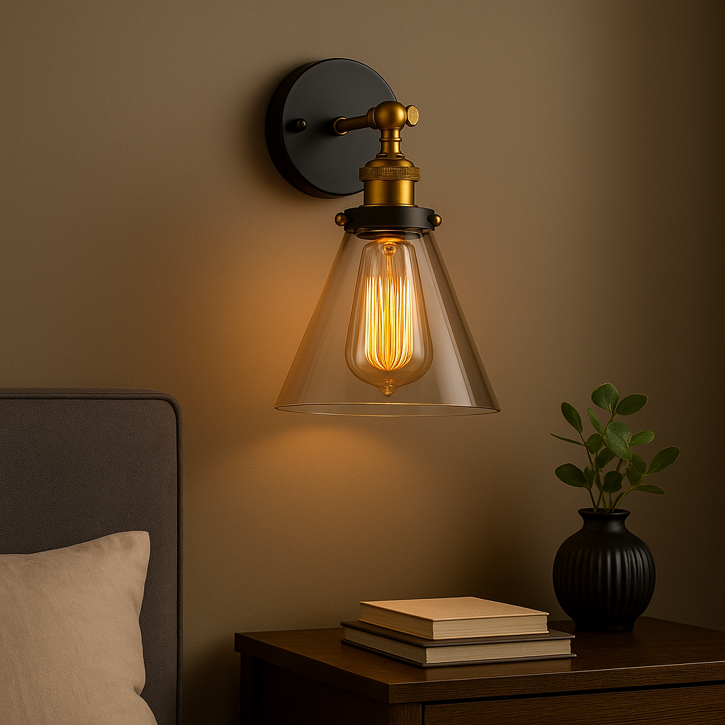 Antique Brass Wall Light | Industrial Stone Base Sconce with Clear Glass Shade