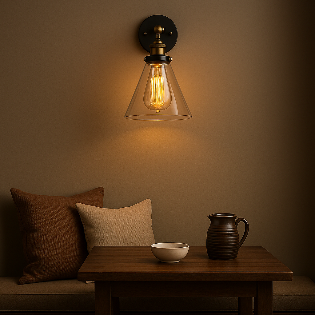 Antique Brass Wall Light | Industrial Stone Base Sconce with Clear Glass Shade